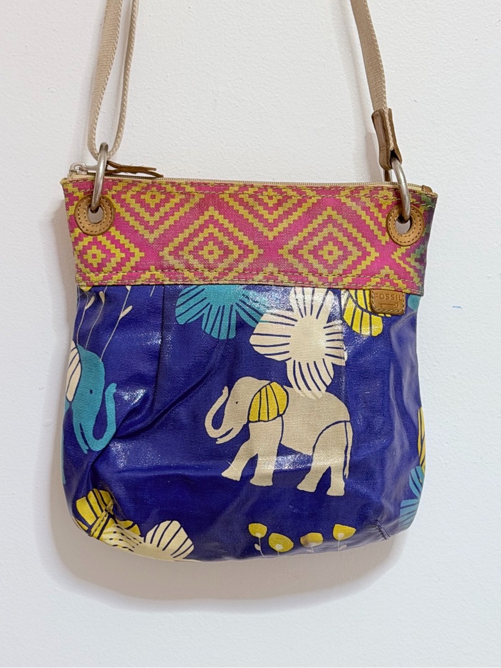 Fossil Blue Elephant Print Crossbody Bag with Pink Pattern Trim